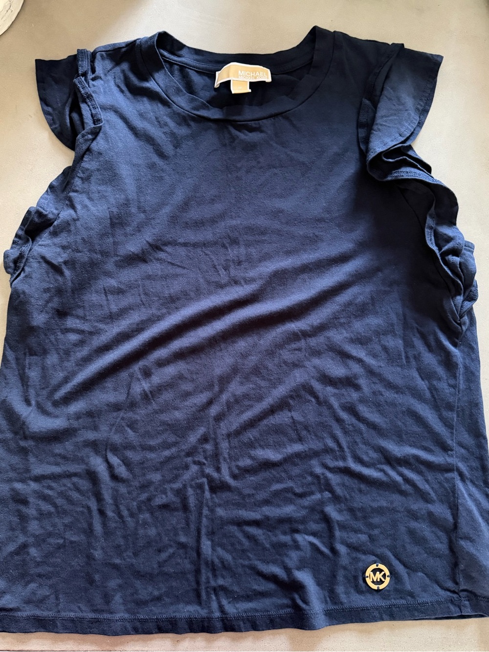 Michael Michael Kors Navy Flutter Sleeve Top Gold Logo Tee Size Medium - Picture 2 of 7